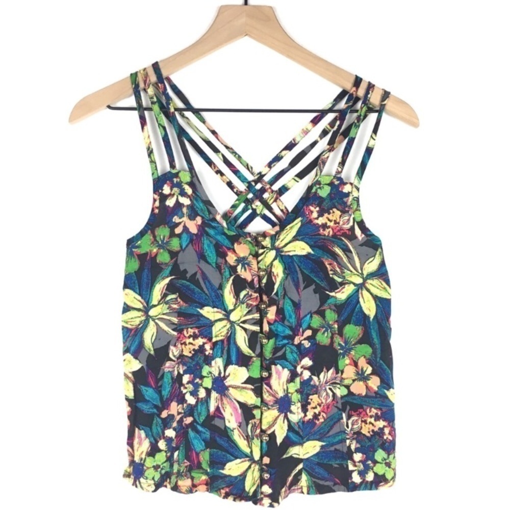 CHARLOTTE RUSSE Cami Top Crop Tank Floral Strappy Criss Cross Tropical Size XS